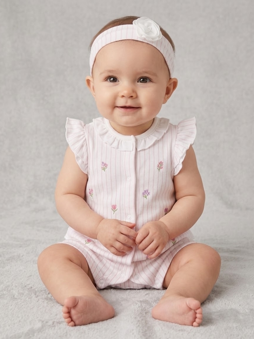 Little Me Pink Striped Floral Romper with Matching Headband